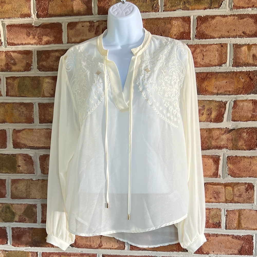 G/F Elegant Cream Sheer Blouse with Delicate Embroidery. Small